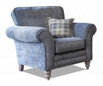 Alstons Cleveland chair pictured in fabric 2747 (Band B), small scatter cushion in 2509, grey ash/brushed nickel legs. With optional pewter studding.