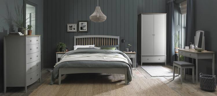 Whitby Scandi Oak & Warm Grey 1 Drawer Nightstand on Display with Rest of Range