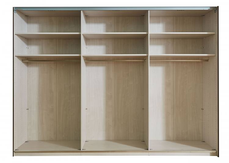 The wardrobe has three roomy compartments (100 + 50 + 100cm), all come with 2 adjustable shelves and a hanging rail as standard. Pictured (3 x 100cm compartments) interior for a 300cm 6 door wardrobe 