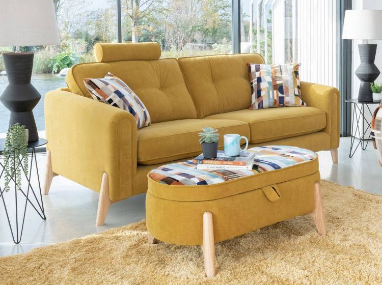 Alstons Sofo Grand sofa, shown with optional headrest & legged Ottoman in fabrics 3933 & 3229 