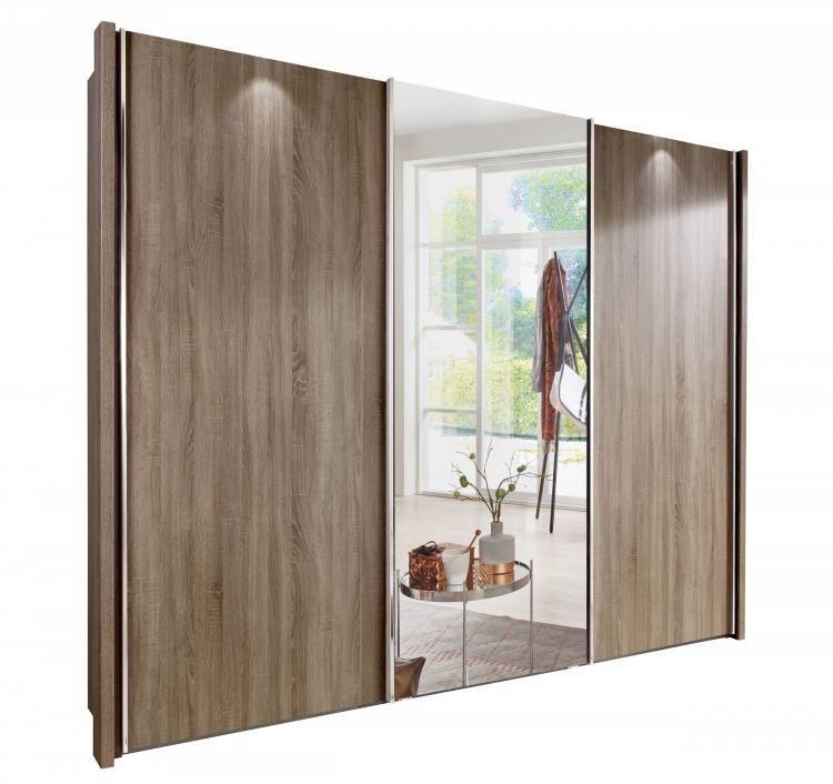 Pictured in Dark Rustic Oak with Mirrored Centre Door. Plain door design with Chrome handles.  Optional Chunky Side Profiles and LED lights sold separately.