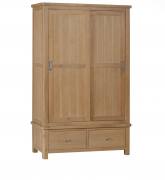 Farrington Oak Double Wardrobe - Sliding Doors with Drawers