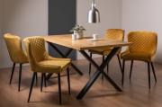 The Bentley Designs Ramsay Rustic Oak Effect Melamine 6 Seater Dining Table with X Leg & 4 Cezanne Mustard Velvet Fabric Chairs with Sand Black Powder Coated Legs 