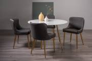 The Bentley Design Francesca White Marble Effect Tempered Glass 4 Seater Dining Table & 4 Cezanne Dark Grey Faux Leather Chairs With Matt Gold Plated Legs 