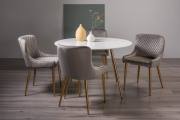 Bentley Designs Francesca White Marble Effect Tempered Glass 4 Seater Dining Table & 4 Cezanne Grey Velvet Fabric Chairs with Matt Gold Plated Legs 