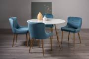 The Bentley Designs Fancesca White Marble effect Tempered Glass 4 Seater Dining Table & 4 Cezanne Petrol Blue Velvet Fabric Chairs with Matt Gold Plated Legs
