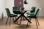 The Bentley Designs Hirst Grey painted Tempered Glass 4 Seater Dining Table & 4 Fontana Green Velvet Fabric Chairs with Grey Hand Brushing on Black Powder Coated Legs 