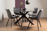 The Bentley Designs Hirst Grey Painted Tempered Glass 4 Seater Dining Table & 4 Fontana Grey velvet Fabric Chairs with Grey Hand brushing on Black Powder Coated Legs 