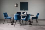 The Bentley Designs Hirst Grey Painted Tempered Glass 6 Seater Dining Table & 6 Fontana Blue Velvet Fabric Chairs with Grey Hand Brushing on Black Powder Coated Legs