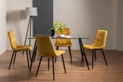 The Bentley Designs Martini Clear Tempered Glass 6 Seater Dining Table & 4 Mondrian Mustard Velvet Fabric Chairs with Sand Black Powder Coated Legs