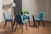 The Bentley Designs Martini Clear Tempered Glass 6 Seater Dining Table & 4 Mondrian Petrol Blue Velvet Fabric Chairs with Sand Black Powder Coated Legs