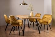 The Bentley Designs Ramsay Rustic Oak Effect Melamine 6 Seater Dining Table with 4 Legs & 4 Dali Mustard Velvet Fabric Chairs with Sand Black Powder Coated Legs