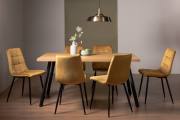 The Bentley Designs Ramsay Rustic Oak Effect Melamine 6 Seater Dining Table with 4 Legs & 6 Mondrian Mustard Velvet Fabric Chairs with Sand Black Powder Coated Legs