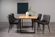 The Bentley Designs  Ramsay Rustic Oak Effect Melamine 6 Seater Dining Table with U Leg & 4 Cezanne Dark Grey Faux Leather Chairs with Sand Black Powder Coated Legs