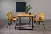 The Bentley Designs Ramsay Rustic Oak Effect Melamine 6 Seater Dining Table with U Leg & 4 Mondrian Mustard Velvet Chairs with Sand Black Powder Coated Legs
