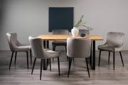 The Bentley Designs  Ramsay Rustic Oak Effect Melamine 6 Seater Dining Table with U Leg & 6 Cezanne Grey Velvet Chairs with Sand Black Powder Coated Legs