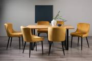 The Bentley Designs Ramsay Rustic Oak Effect Melamine 6 Seater Dining Table with U Leg & 6 Cezanne Mustard Velvet Chairs with Sand Black Powder Coated Legs