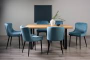 The Bentley Designs  Ramsay Rustic Oak Effect Melamine 6 Seater Dining Table with U Leg & 6 Cezanne Petrol Blue Velvet Chairs with Sand Black Powder Coated Legs