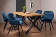 The Bentley Designs Ramsay Rustic Oak Effect Melamine 6 Seater Dining Table with X Leg & 4 Dali Petrol Blue Velvet Fabric Chairs with Sand Black Powder Coated Legs