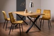 The Bentley Designs Ramsay Rustic Oak Effect Melamine 6 Seater Dining Table with X Leg & 4 Mondrian Mustard Velvet Fabric Chairs with Sand Black Powder Coated Legs
