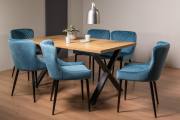 The Bentley Designs Ramsay Rustic Oak Effect Melamine 6 Seater Dining Table with X Leg & 6 Cezanne Petrol Blue Velvet Fabric Chairs with Sand Black Powder Coated Legs