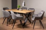 The Bentley Designs Ramsay Rustic Oak Effect Melamine 6 Seater Dining Table with X Leg & 6 Dali Grey Velvet Fabric Chairs with Sand Black Powder Coated Legs