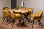 The Bentley Designs Ramsay Rustic Oak Effect Melamine 6 Seater Dining Table with X Leg & 6 Dali Mustard Velvet Fabric Chairs with Sand Black Powder Coated Legs