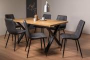 The Bentley Designs  Ramsay Rustic Oak Effect Melamine 6 Seater Dining Table with X Leg & 6 Mondrian Dark Grey Faux Leather Chairs with Sand Black Powder Coated Legs 