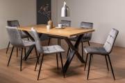 The Bentley Designs  Ramsay Rustic Oak Effect Melamine 6 Seater Dining Table with X Leg & 6 Mondrian Grey Velvet Fabric Chairs with Sand Black Powder Coated Legs