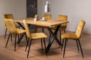 The Bentley Designs Ramsay Rustic Oak Effect Melamine 6 Seater Dining Table with X Leg & 6 Mondrian Mustard Velvet Fabric Chairs with Sand Black Powder Coated Legs