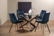 The Bentley Designs Turin Clear Tempered Glass 4 Seater Dining Table with Dark Oak Legs & 4 Fontana Blue Velvet Fabric Chairs with Grey Hand Brushing on Black Powder Legs Black Powder Coated Legs