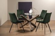 The Bentley Designs  Turin Clear Tempered Glass 4 Seater Dining Table with Dark Oak Legs & 4 Fontana Green Velvet Fabric Chairs with Grey Hand Brushing on Black Powder Legs Black Powder Coated Legs
