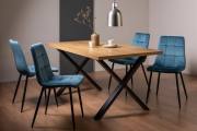 The Bentley Designs Ramsay Rustic Oak Effect Melamine 6 Seater Dining Table with X Leg & 4 Mondrian Petrol Blue Velvet Fabric Chairs with Sand Black Powder Coated Legs