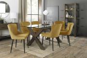 The Bentley Designs Turin Clear Tempered Glass 6 Seater Dining Table with Dark Oak Legs & 6 Cezanne Mustard Velvet Chairs with Sand Black Powder Coated Legs