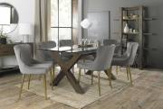 The Bentley Designs Turin Clear Tempered Glass 6 Seater Dining Table with Dark Oak Legs & 6 Cezanne Grey Velvet Chairs with Matt Gold Plated Legs
