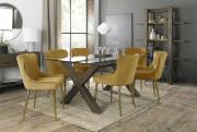 The Bentley Designs Turin Clear Tempered Glass 6 Seater Dining Table with Dark Oak Legs & 6 Cezanne Mustard Velvet Chairs with Matt Gold Plated Legs
