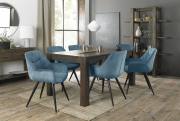 The Bentley Designs  Turin Dark Oak Large 6-8 Seater Table & 6 Dali Petrol Blue Velvet Chairs with Sand Black Powder Coated Legs