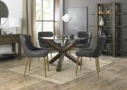 The Bentley Designs Turin Glass 4 Seater Dining Table with Dark Oak Legs & 4 Cezanne Dark Grey Faux Leather Chairs with Matt Gold Plated Legs