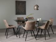 The Bentley Designs  Miro Clear Tempered Glass 6 Seater Dining Table & 6 Seurat Tan Faux Suede Fabric Chairs with Sand Black Powder Coated Legs