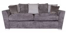 Pictured in Kingston Grey with 3 pillow back cushions in Salute Pattern Silver, scatter cushions in Festival Silver and Chrome feet