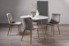 The Bentley Designs Francesca White Marble Effect Tempered Glass 4 Seater Dining Table & 4 Rothko Grey Velvet Fabric Chairs with Matt Gold Plated Legs 
