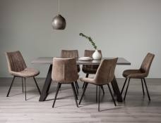 Hirst grey painted tempered glass 6 seater dining table with 6 Fontana Tan faux suede dining chairs 