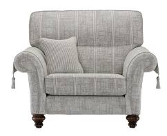 Balmoral Maxi Snuggler Chair shown in Aberdeen Floral Pebble fabric with Scotland Plain outer and Kilmarnock Pinstripe Pebble scatter cushion