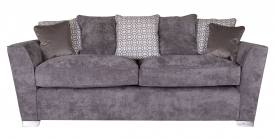 Pictured in Kingston Grey with 3 pillow back cushions in Salute Pattern Silver, scatter cushions in Festival Silver and Chrome feet