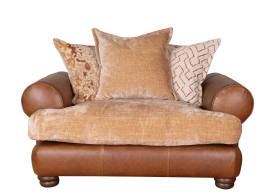 Snuggler Love chair shown in Lazio brown leather with fabrics Kairo Caramel, Burnaby Rust & Otis Rust 