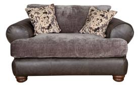 Horatio Mix Snuggler Love chair shown in Lazio grey leather with Kairo grey fabric, scatter cushions in fabric Burnaby Mono 
