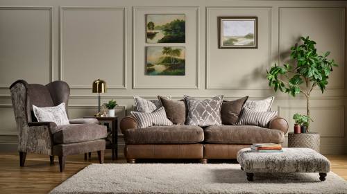 Sofa shown in Lazio Brown leather body with Pablo Mole seat cushions & patterned Craven Truffle, Harlequin Mink & Cowling Truffle cushions 