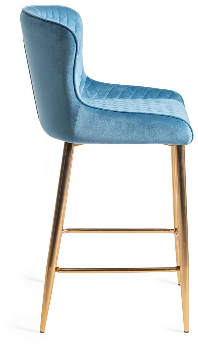 The Bentley Designs Cezanne Petrol Blue Fabric Bar Stools with Matt Gold Plated Legs Side Profile