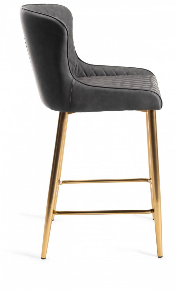 The Bentley Designs Cezanne Dark Grey Faux Leather Bar Stools with Matt Gold Plated Legs (Pair) Side View