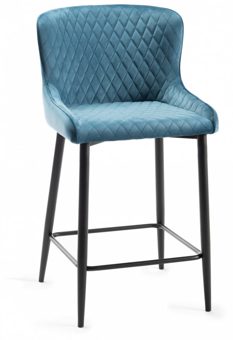 The Bentley Designs Cezanne Petrol Blue Velvet Fabric Bar Stool with Sand Black Powder Coated Legs (Pair)